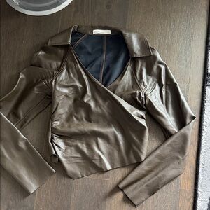 Women's Brown Faux Leather Wrap collar crop top
